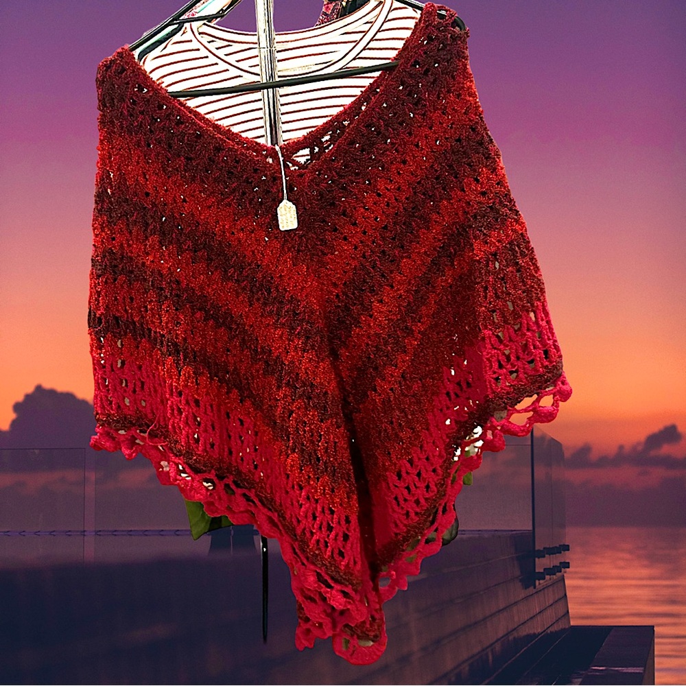 🆕Handmade Women’s Burgundy Red Wool Chunky Knit Poncho Sweater❤️❤️One Size